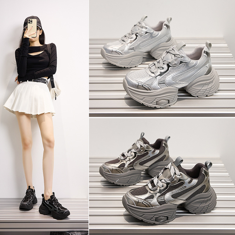 Small Size 2024 Thick-Soled Silver Fashion Dad Shoes for Women New Versatile Casual Shoes Height-Increasing Lightweight Sneakers Trendy Shoes