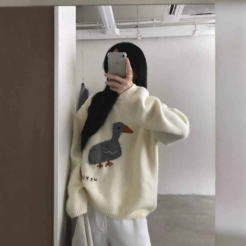Trendy Duck Cartoon Sweater for Women 2025 New Autumn and Winter Lazy Style Jacquard Knitwear Korean Style Outfit Chin Top
