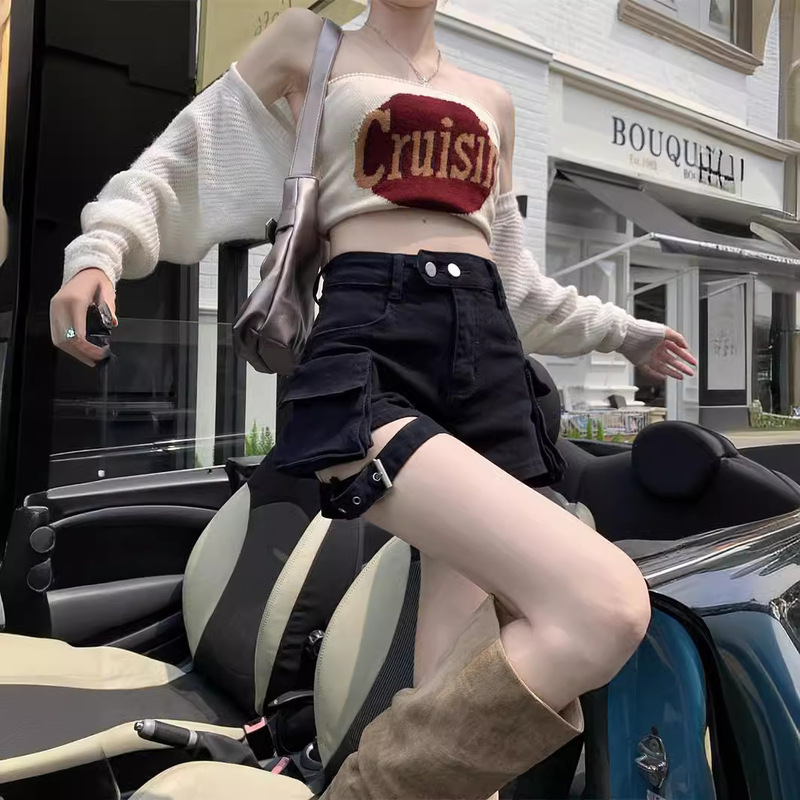 Retro high waist workwear Denim shorts women's 2024 Summer small American big pocket A- line hot pants for hot girls