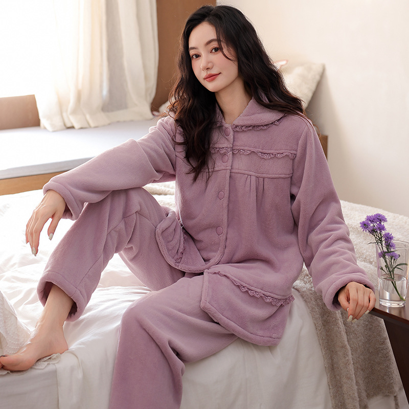 Winter New Cross-Border Popular Coral Velvet Pajamas for Women, Heated and Warm Home Clothes Set, Can Be Worn Outside with Lapel Cardigan