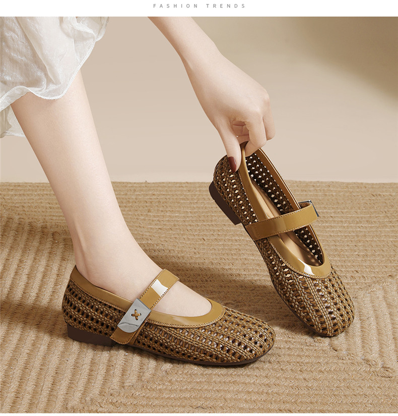 Giày Mary Jane nữ đế bệt mũi tròn, mặt lưới rỗng dệt, gót 1.5 cm — JST 6057 Màu cà phê theo chiều cao 1.5cm, JST 6057 Màu be và chiều cao 1,5cm chi tiết 16