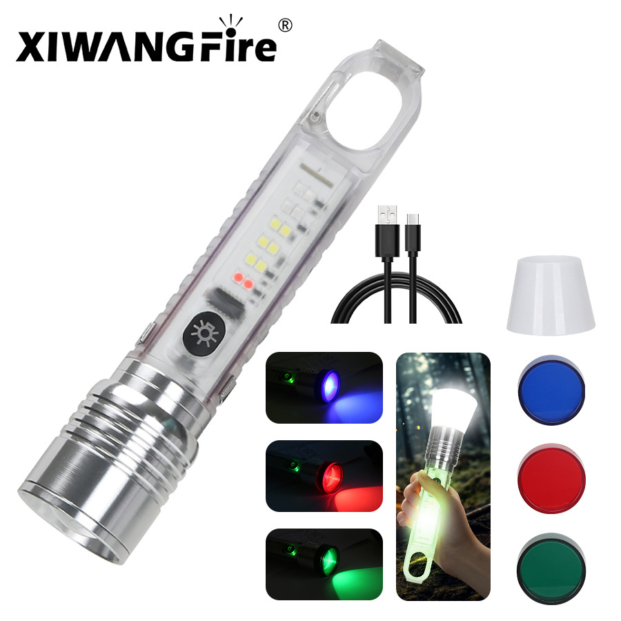 Nuevo blanco linterna láser gancho magnético luz lateral LED rojo azul flash camping luz fuerte luz telescópica zoom