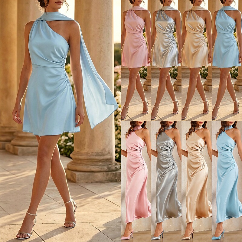 European and American Cross-Border Foreign Trade Summer Elegant Off-Shoulder Backless Waist-Cinching Short High-End Satin Evening Dress European and American Cross-Border Foreign Trade Summer Elegant Off-Shoulder Backless Waist-Cinching Short High-End Satin Evening Dress