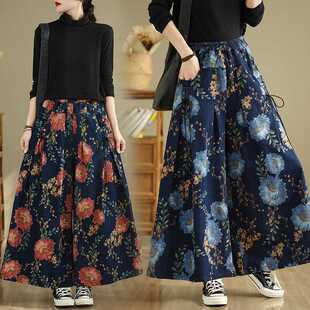 Real Shot Autumn and Winter Vintage New Chinese Style Personalized Printed Denim Wide Leg Pants Loose plus size Personalized Slimming Straight Leg Pants
