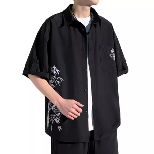 New Chinese Style 7/8 Sleeve Ice Silk Shirt for Men - Summer Trendy Brand National Style Short Sleeve Collar Shirt Loose Cool Feeling Easy to Clean Outerwear