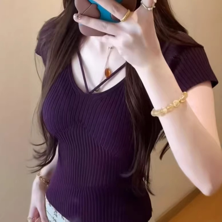 Purple Tight-Fitting Blouse with Flying Sleeves T-Shirt for Women 2026 New Style Knitwear Very Beautiful Sexy Sweet Girl Top Ins