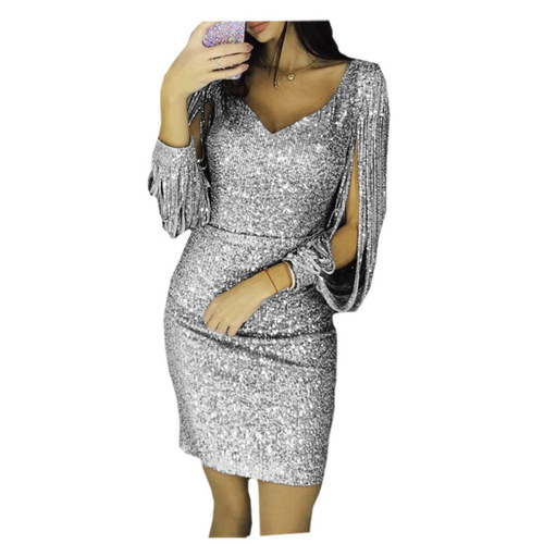 New European and American V-neck shimmery fringe long-sleeved bodycon maxi dress, elegant and professional commuting attire