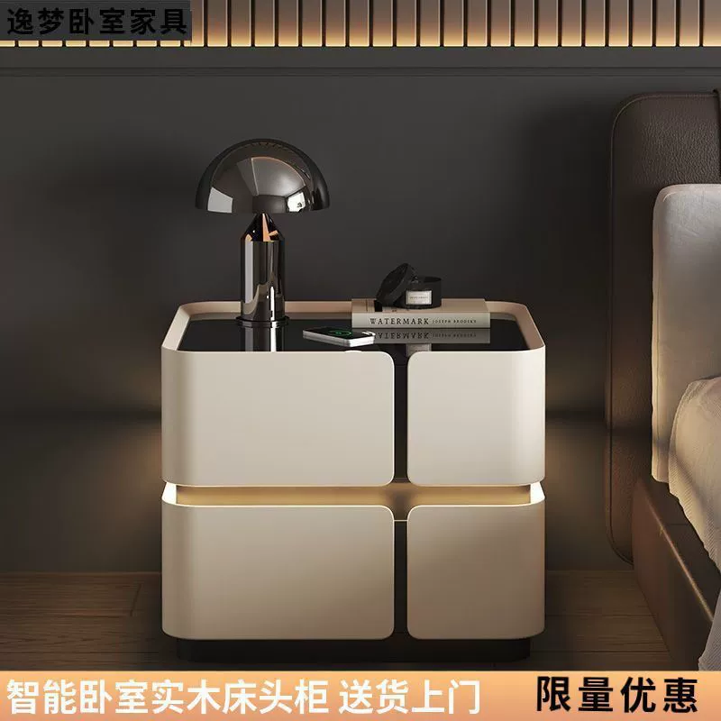 Прикроватная тумбочка из массива дерева, современный простой кремовый стиль, подвесной датчик света для дома, спальни, умная прикроватная тумбочка