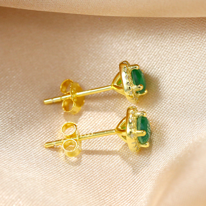 Retro Geometric Sterling Silver Inlay Gem Zircon Ear Studs 1 Pair