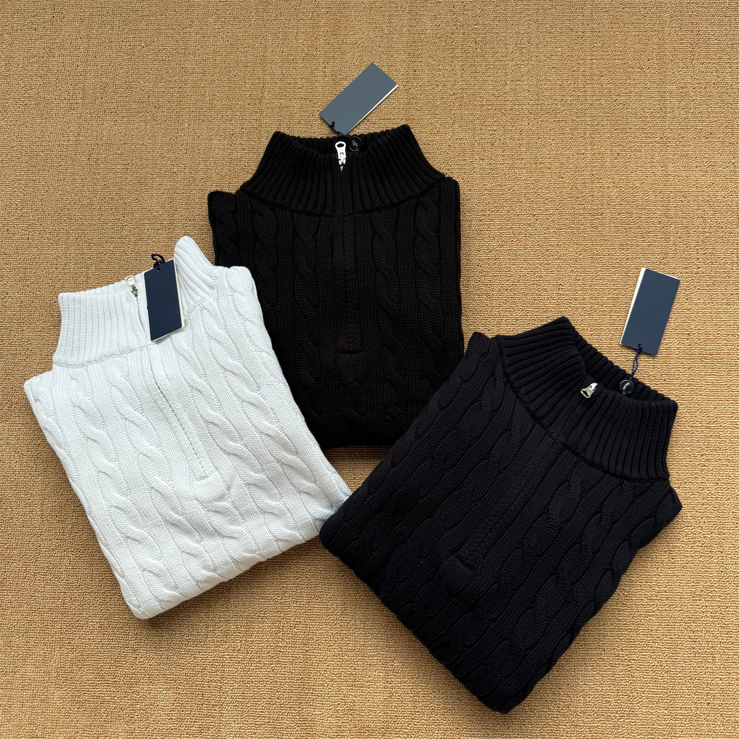 Rl Laff Pony Logo Embroidery Women's Cable Knit Sweater Loose Half-Zip Knit Short Top