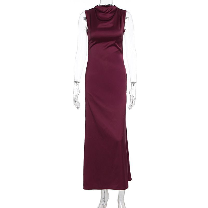 Light Luxury High-Neck Sleeveless Dress for Women, Slim Fit, Drapey Satin, Back Cutout, Elegant Long Dress Light Luxury High-Neck Sleeveless Dress for Women, Slim Fit, Drapey Satin, Back Cutout, Elegant Long Dress