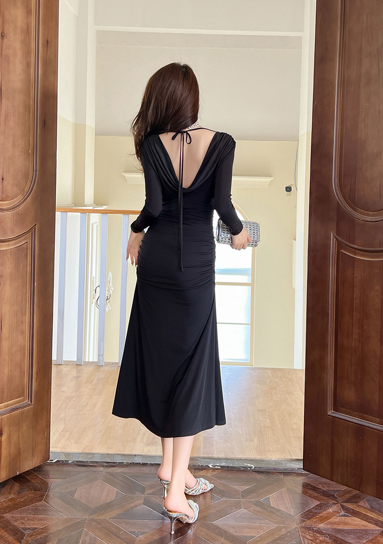 Đầm maxi nữ cổ chữ V thắt eo hở lưng phong cách Pháp — Màu đen chi tiết 14