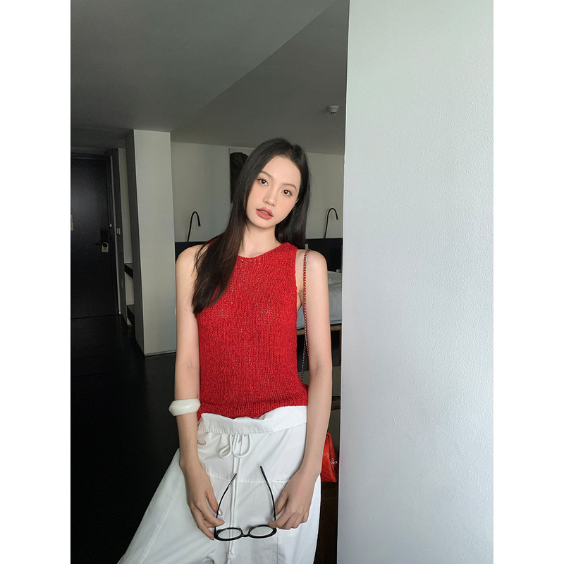 Dreaming DT ETOLIE Thick Line Round Neck Knitted Sling Base Women's Inner Short Top Slim-fit Sleeveless Vest