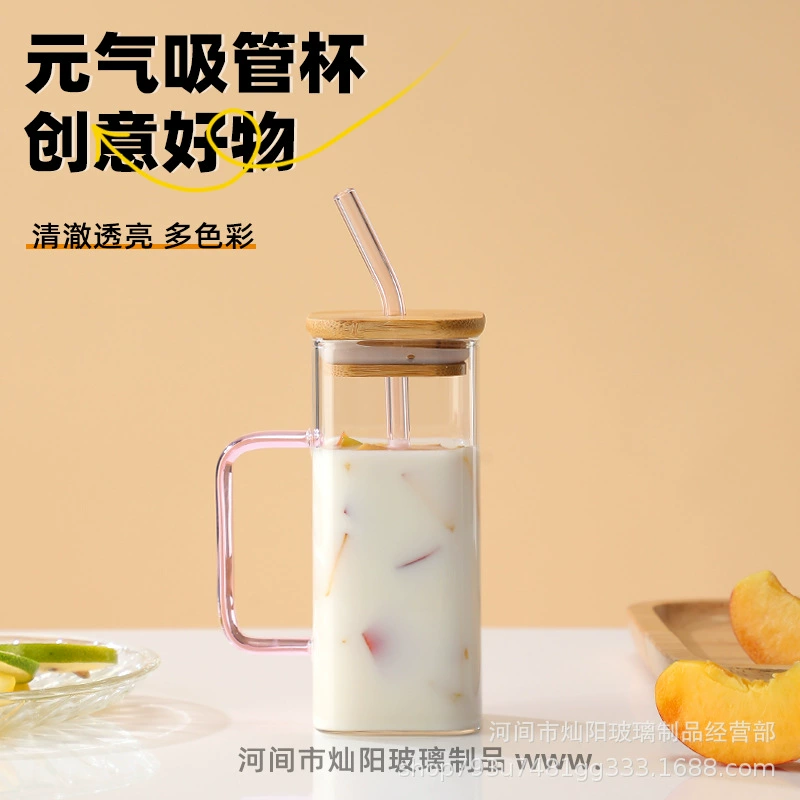 Квадратная стеклянная кружка с соломинкой, 400 мл, опциональная деревянная крышка и цветная ручка