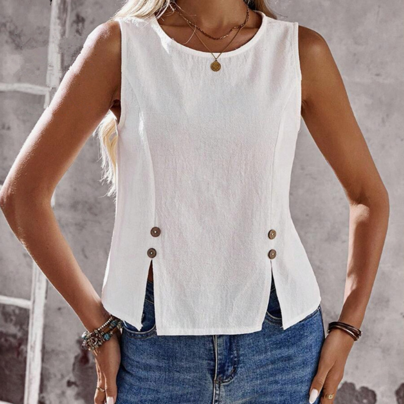 2026 Amazon European and American Cross-Border Foreign Trade New Product Round Neck Sleeveless Slit Button Short Vest Cotton and Linen Shirt for Women