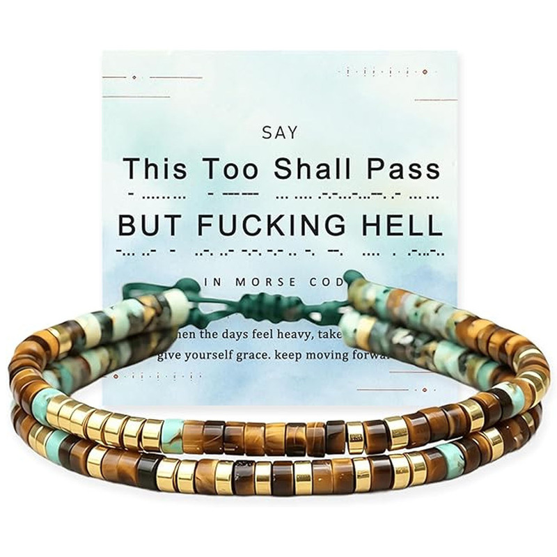 Natural Stone Morse Code Bracelet with Yellow Tiger Eye Flat Beads, Adjustable Bracelet with African Pine Morse Code