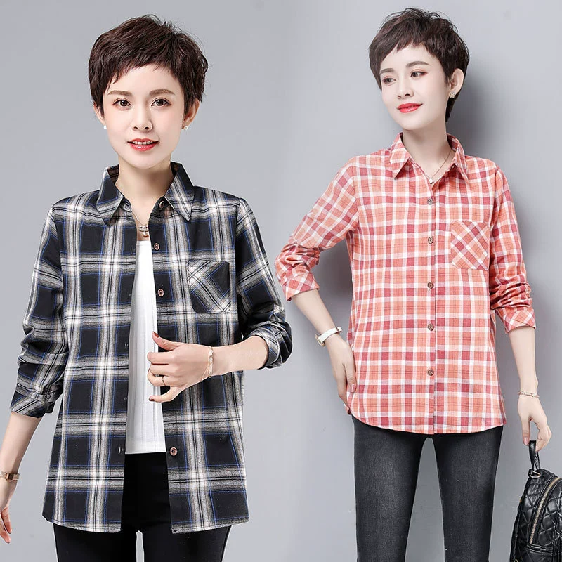 Весенняя одежда для матерей среднего возраста, женская маленькая рубашка, свободная футболка, Топ для женщин среднего и пожилого возраста, уменьшающий возраст, хлопковая рубашка больших размеров в клетку