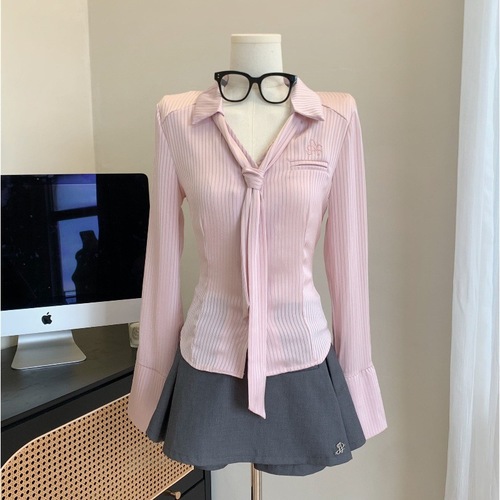 Smooth waist-cinch slimming stand-up collar solid color women's long-sleeved shirt with tie two-piece set with skirt or pants