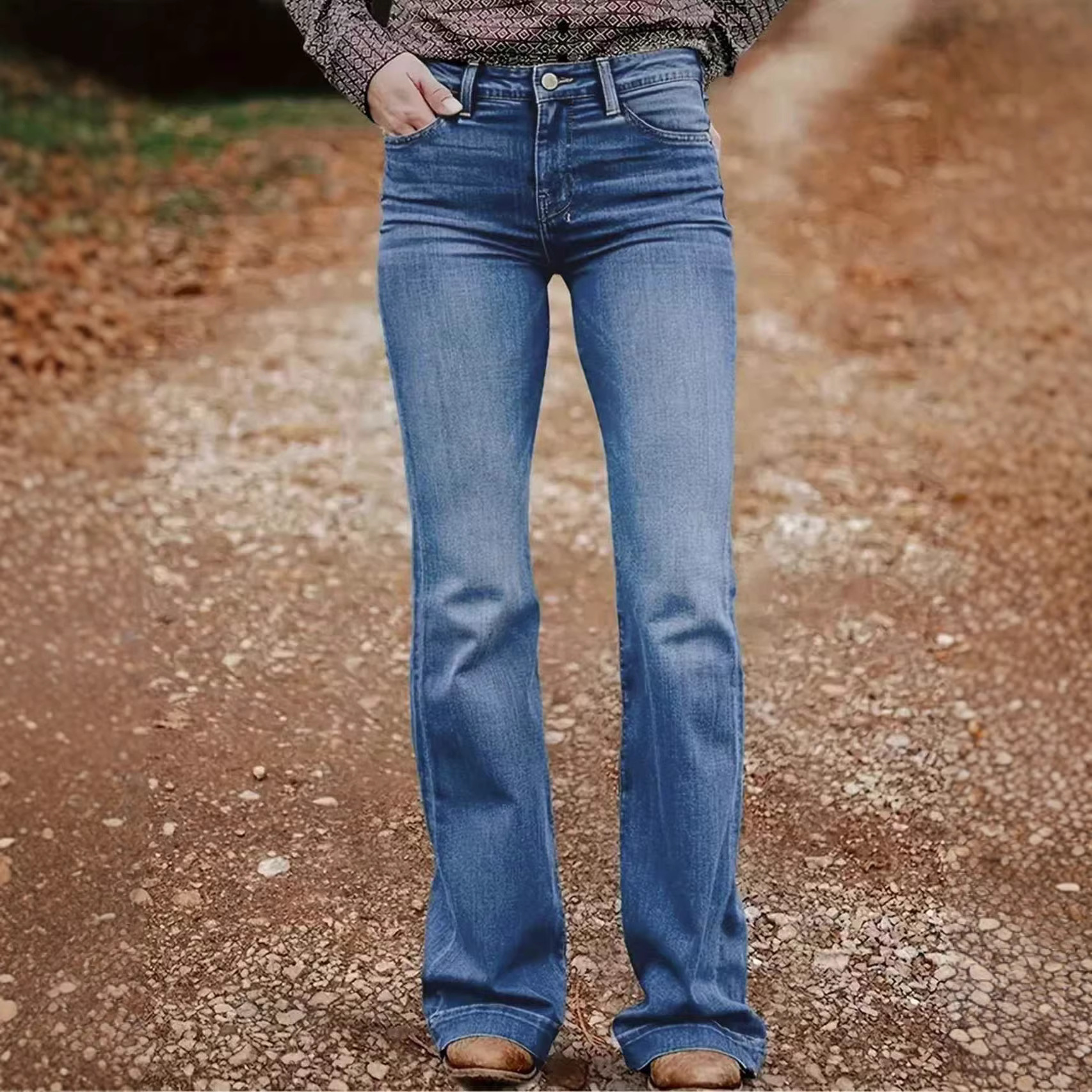 Cross-Border European and American Foreign Trade, Blue Back Pocket Embroidered Loose Wide-Leg Stretch Jeans for Women