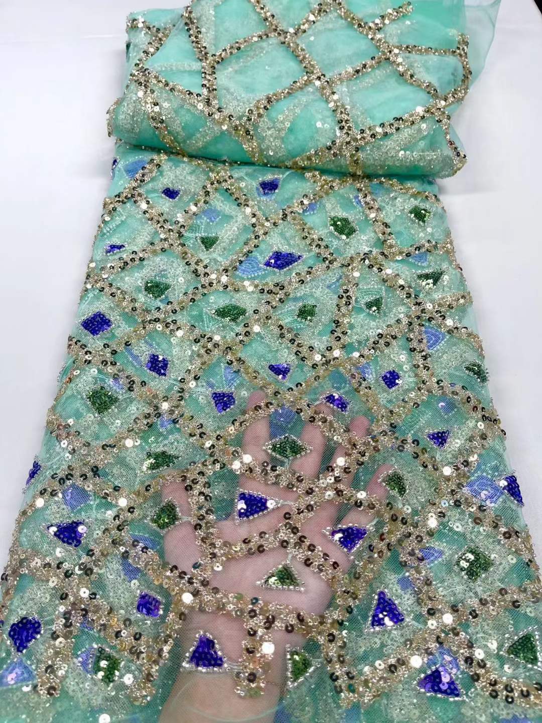 Tela de bordado de alta resistencia bordado lentejuelas cuentas hechas a mano malla bordado tela de alta gama vestido de novia tela JX2821 image 3