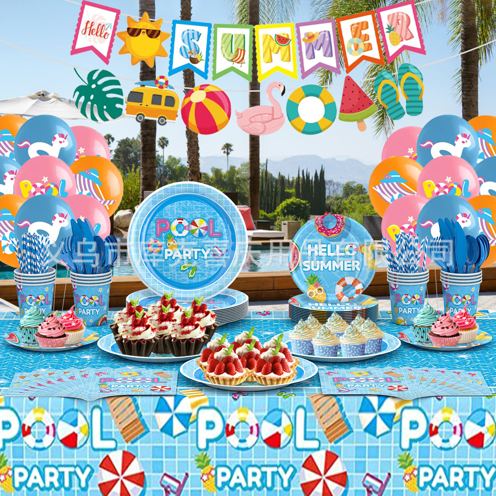 Nuevo verano piscina fiesta cena placa decoración traje verano vacaciones tema papel plato papel taza pull bandera Decoración