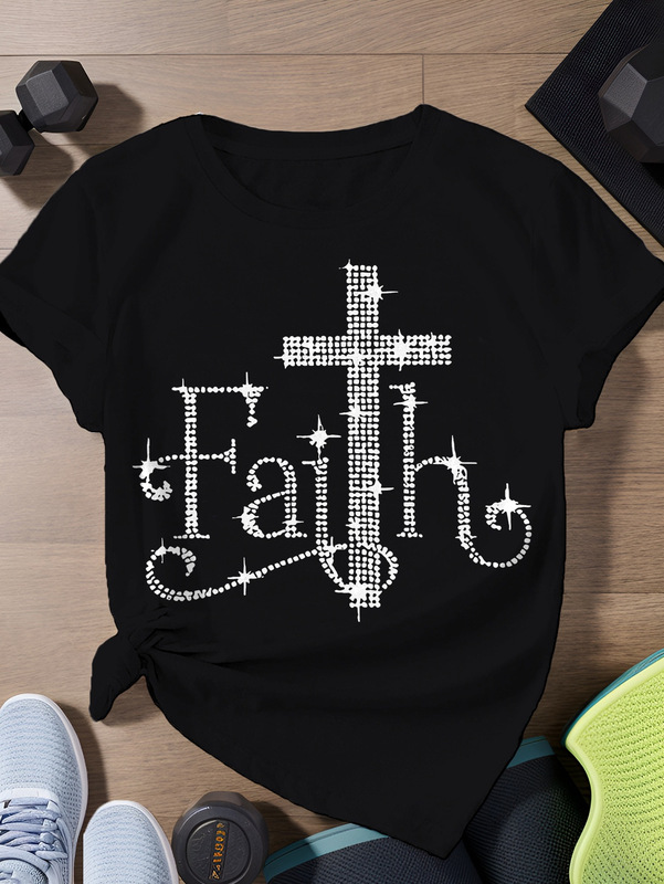 2025 Spring Faith - Themed Women's Short Sleeve T-Shirt Decorated with Crosses and Rhinestones, Fashionable and