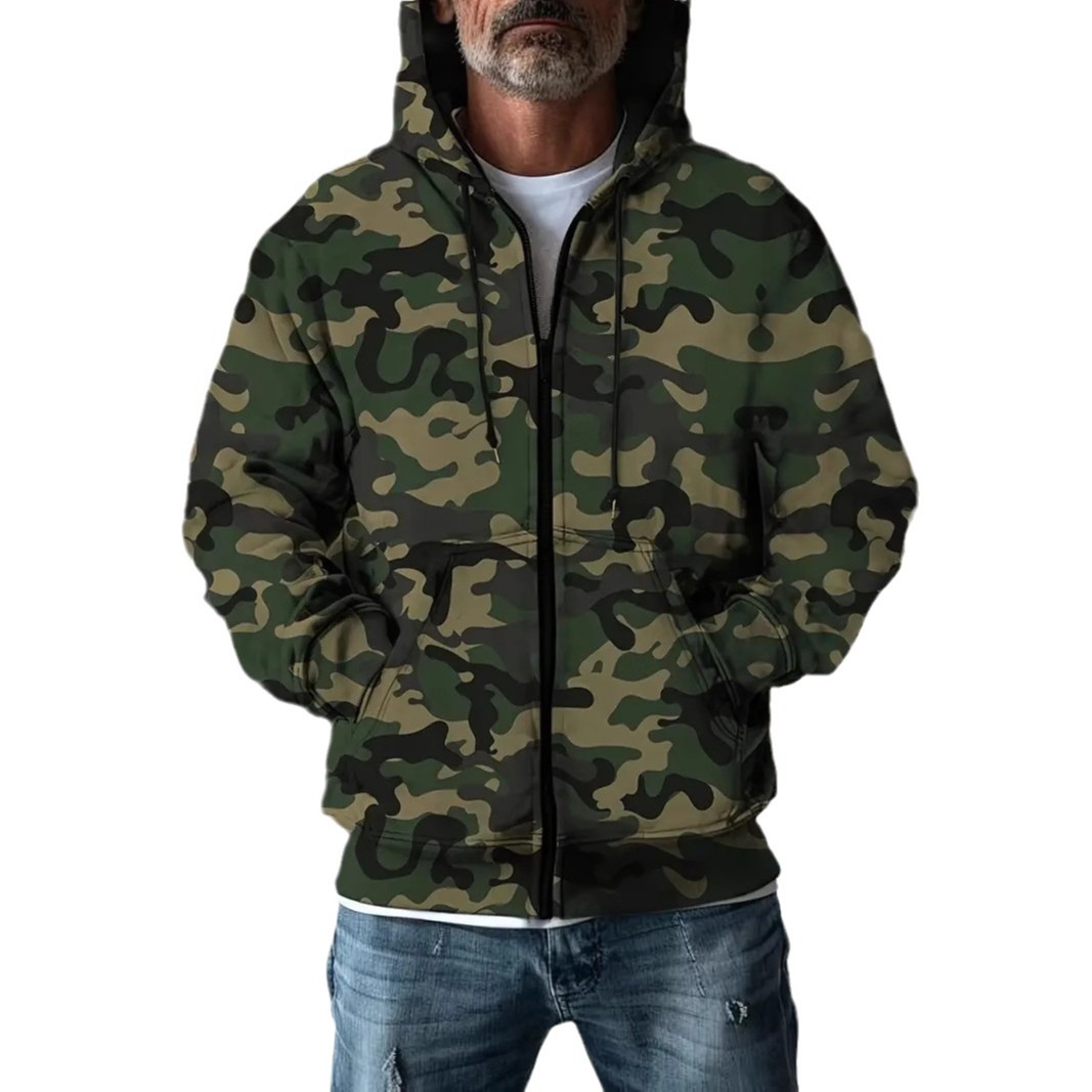 Abrigo de otoño para hombre camuflaje estampado 3D cardigan con cremallera suéter con capucha fábrica al por mayor MF08