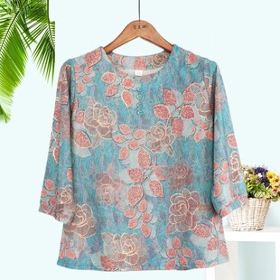 Middle-Aged and Elderly Women's Mid-Sleeve Summer Clothes, Three-Quarter Sleeves, Loose Belly-Covering Fashionable Women's Half-Sleeved Tops and T-Shirts for Mothers