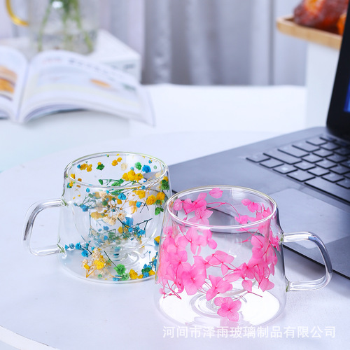 Dry Flower Double-Layer Petal Glass Cup Flow Sand Cup Creative High-Temperature Resistant Transparent Real Flower Borosilicate Coffee Cup
