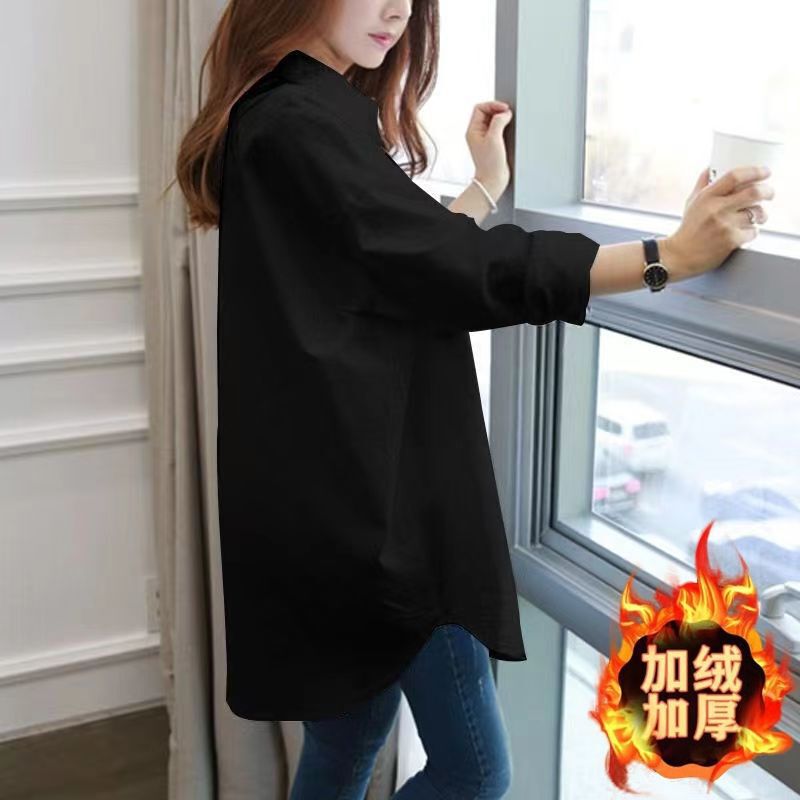 Fleece-Lined Thickened Mid-Length Plus-Size High-End Niche White Shirt for Women, Spring and Autumn Bf Style, Warm Casual Stylish Shirt
