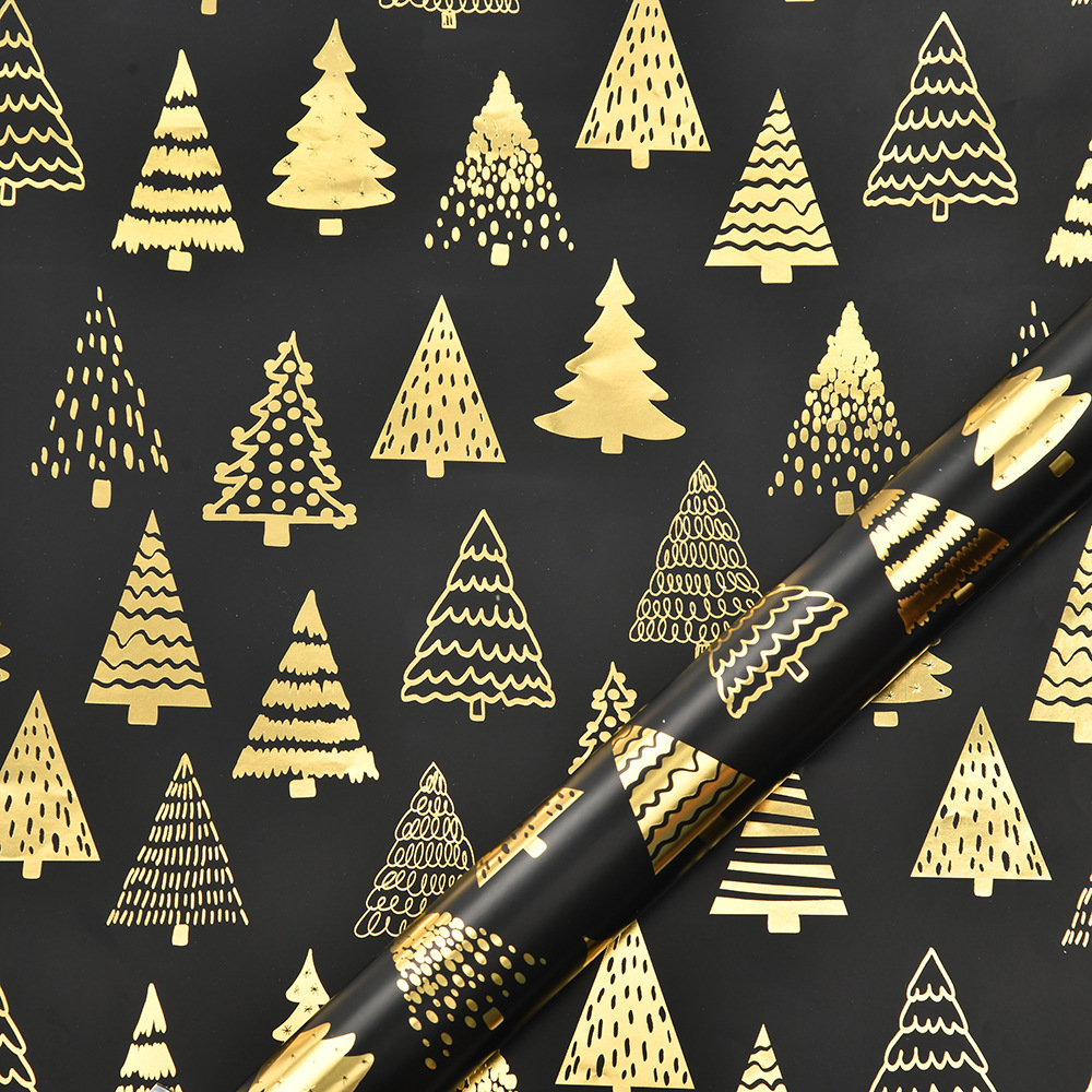 Nuevo papel de embalaje de Navidad estampado retro oro negro alce copo de nieve regalos de árbol de Navidad papel de regalo al por mayor