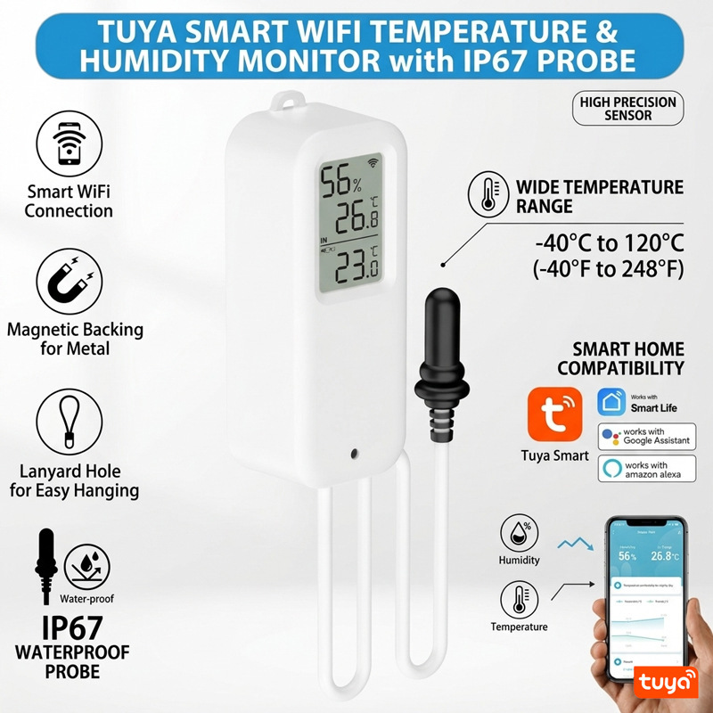Tuya Smart Thermometer and Hygrometer with Probe, Small Screen Digital Display, High-Precision Indoor Mobile Phone Remote Monitoring Alarm Tuya Smart Thermometer and Hygrometer with Probe, Small Screen Digital Display, High-Precision Indoor Mobile Phone Remote Monitoring Alarm