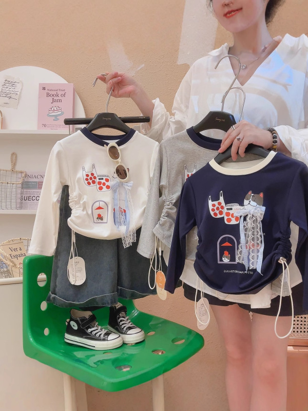 女童秋装抽绳长袖打底衫2025新款儿童装蝴蝶结卡通上衣女孩时髦童|undefined
