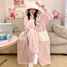 珊瑚绒睡袍女秋冬2025新款可爱粉色小猫学生甜美中长款家居服套装