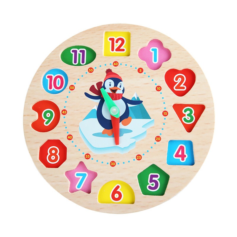 Reloj de Madera con Números de Dibujos Animados, Reloj de Bloques de Construcción de Mano con Forma de Reloj, Juguete Educativo para la Primera Infancia