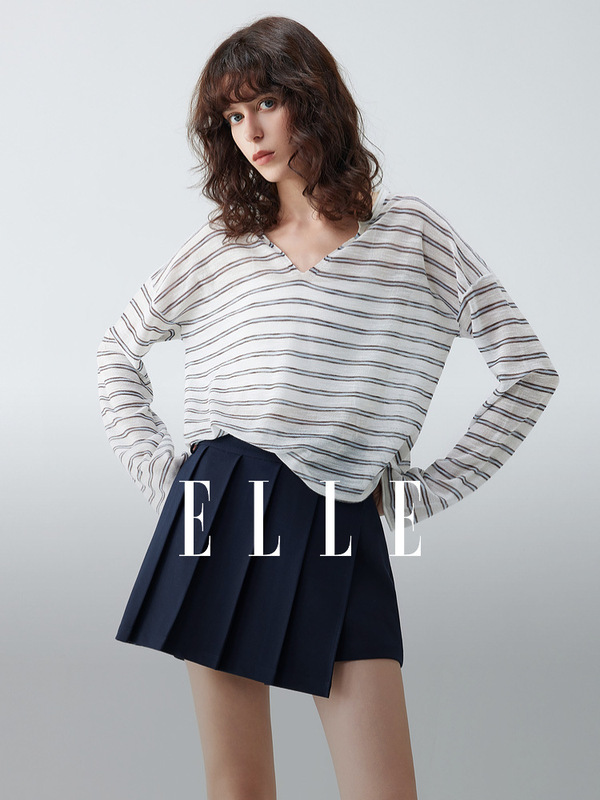 ELLE法式条纹V领休闲针织衫女2025秋新款套头轻薄设计感宽松上衣|undefined