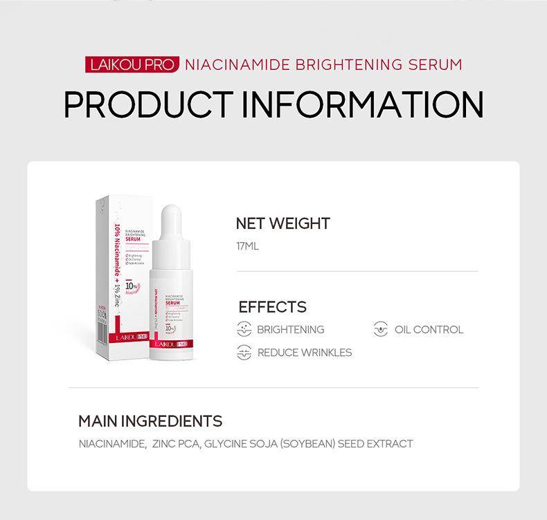 The cross-border new product, Laikou PRO Niacinamide Brightening and Hydrating Essence 17ml, is available from a skincare and cosmetic manufacturer undefined