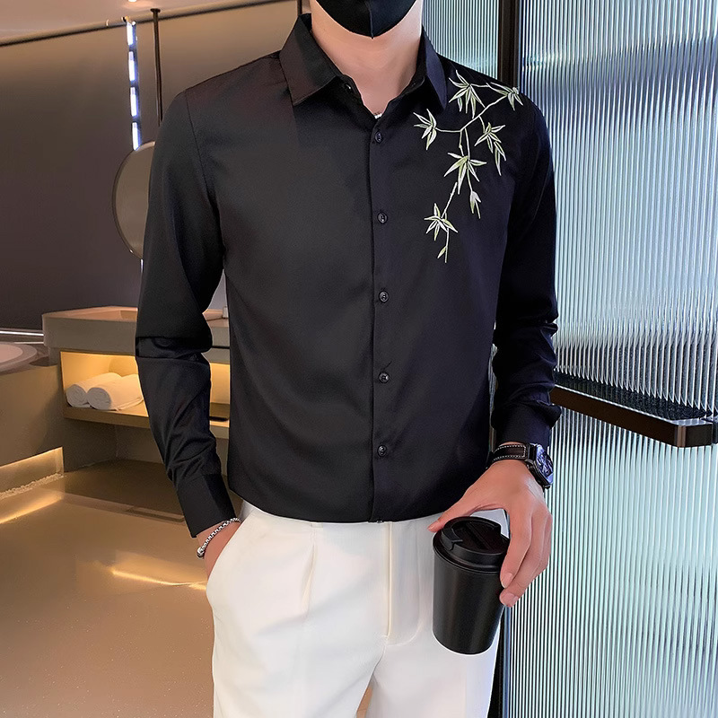 Shuai shirt men's long sleeve slim Korean embroidered trousers suit 2024 new autumn stylist fashion shirt