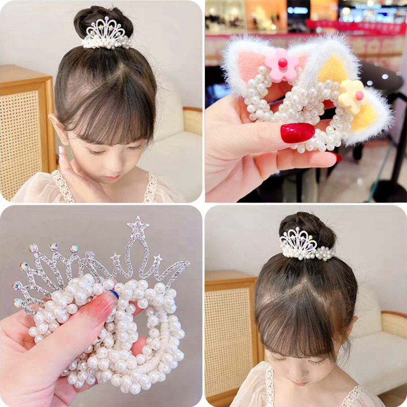 韩国新款儿童皇冠头饰公主头绳珍珠花朵小女孩扎头发丸子头橡皮筋