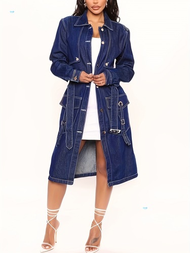 Elegant Style Women's Classic Long Denim Trench Coat Button