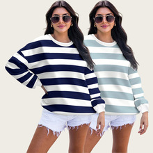 跨境大码女装欧美新款拼色休闲显瘦长袖上衣套头宽松条纹圆领卫衣