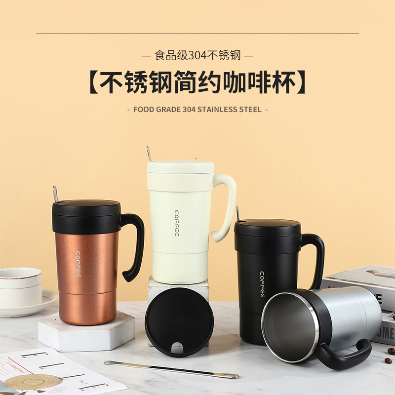 믹싱 스푼 핸들이있는 커피 컵 304 스테인레스 스틸 보온병 컵 가정용 휴대용 머그 비즈니스 사무실 물 컵