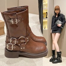 西部牛仔靴欧美棕色长筒靴美拉德发靴子女夏系薄款厚底中筒骑士靴