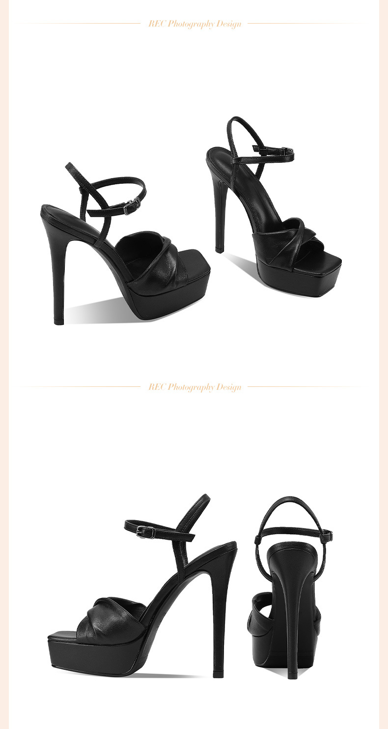 Giày sandal cao gót nữ hở mũi quai ngang mũi vuông đế platform gót 13 cm — Màu đen chi tiết 3