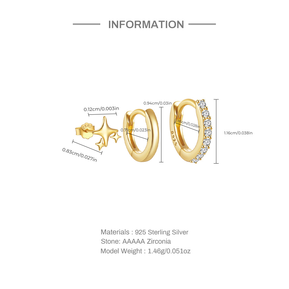 3g Weight Hoop Earrings, Ear Studs Classification 1 Set Quantity Daily Occasion 925 Sterling Silver Material Star, Butterfly Pattern Women's Gender Plating Design Simple Style Style 1 Set 925 Sterling Silver Star Butterfly Hoop Earrings Ear Studs 4