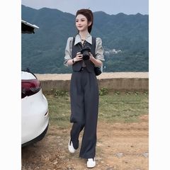 小个子减龄气质套装女2025秋季新款长袖衬衫马甲长裤显瘦三件套