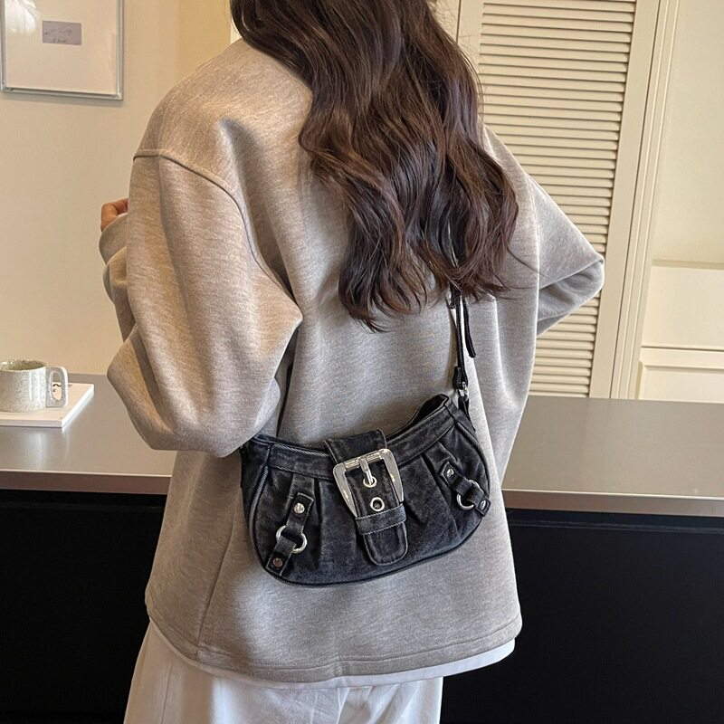 Túi đeo chéo nữ dáng hộp nhỏ kẹp nách vải denim xếp nếp phong cách Hàn Quốc — Cao bồi xanh, Màu xanh cổ điển, đen chi tiết 20