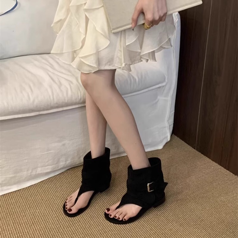 网红小众博主同款个性夹趾透气罗马鞋女休闲人字拖平底短筒靴凉靴|undefined
