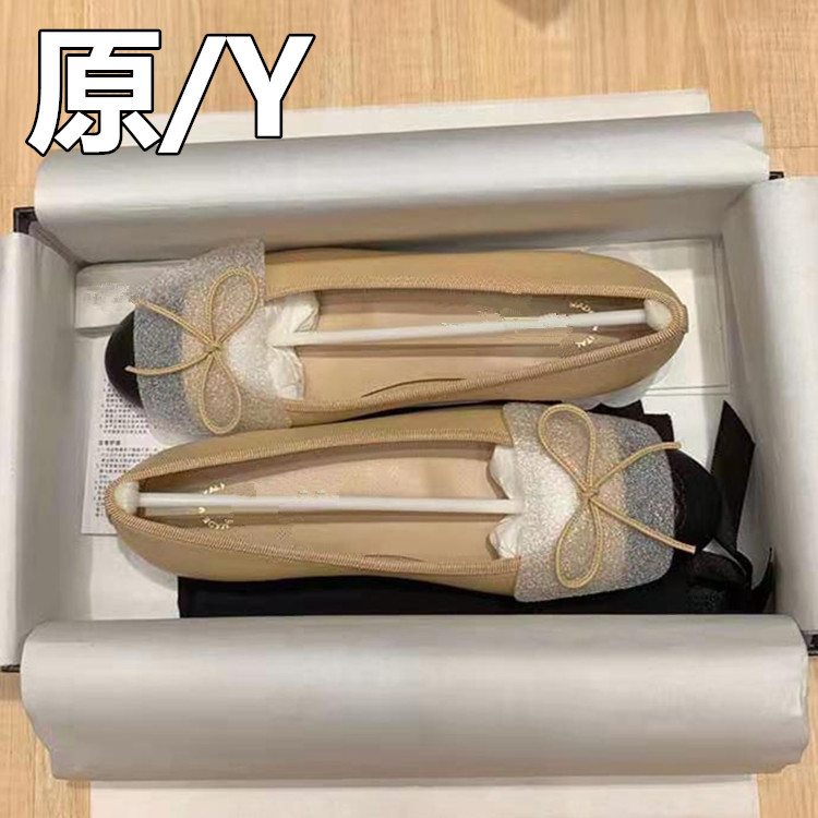 High Version Double C Small Fragrant Bow Ballet Shoes Versatile Flats Shoes Women's Genuine Leather Round Toe Shallow Mouth Flats Shoes