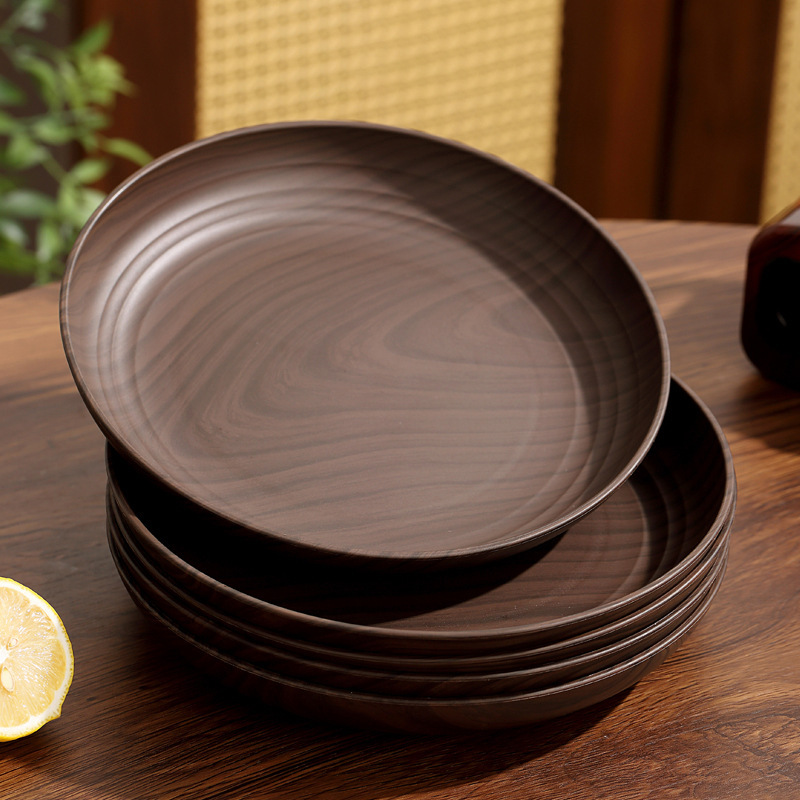Creative Imitation Wood Grain Plastic Round Plate Cold Dish Plate Birthday Party Fruit Plate Cake Dessert Display Plate Tableware Set